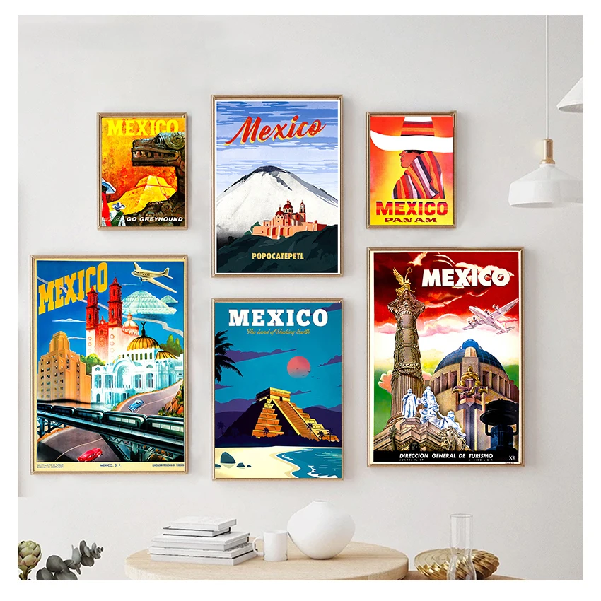 Poster Canvas Paintings Vintage Wall Kraft Posters Coated Wall Stickers Home Decorative Gift Mexico Mayan Pyramid Art Travel