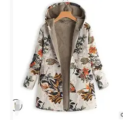 1pcs/lot Women Winter Warm Floral Hooded Jacket Flower Print Hoody Vintage fleece print coat