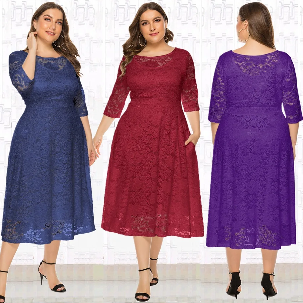 

2020 Autumn Elegent African Women O-neck Lace Plus Size Dress African Dresses for Women African Clothes XL-6XL