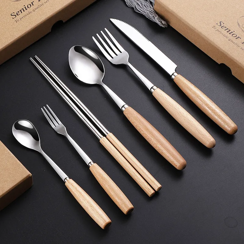 New Steel Wooden Handle Tableware Set Spoon Chopsticks Knife Fork Gift Set