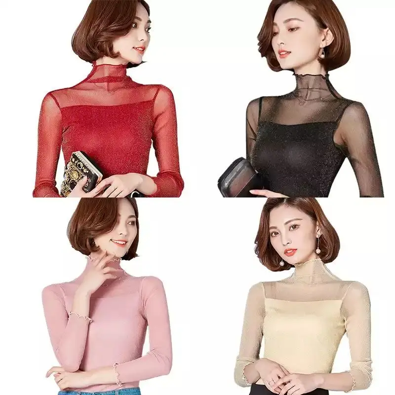 Blouse Women Long Sleeve Lace Mesh Tops Turtleneck Transparent Sexy Bright Shirts Blusas Ropa De Mujer