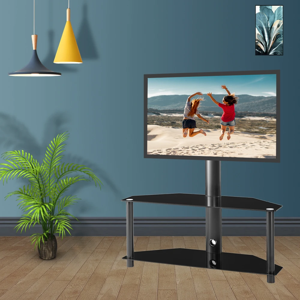 Multi-Function Floor TV Stand Height&Angle Adjustable Tempered Glass Metal Frame LCD Plasma TV Bracket W/2 Tier Shelves[US-W]