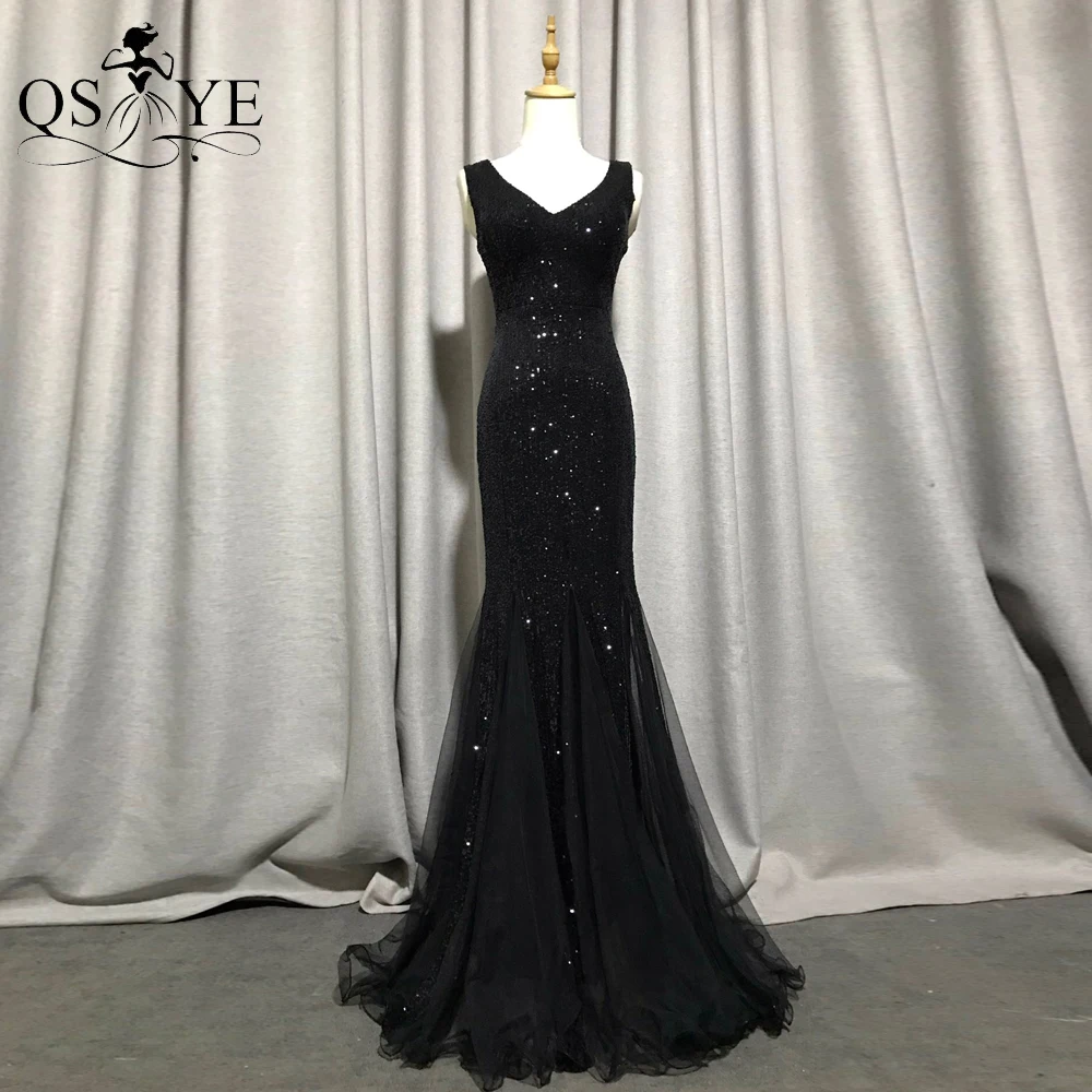 Robe de Soirée Longue Noire à Paillettes et Col en V, Tenue de Bal de Forme Sirène, Ourlet en Fibre de Tulle, en Dentelle, Chic