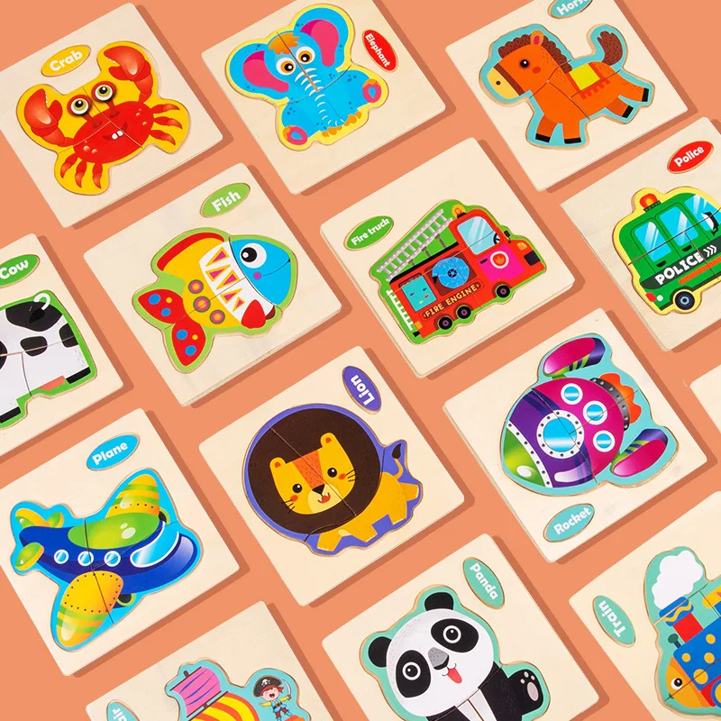 3D Wooden Puzzle Kids Cartoon Animal Traffic Jigsaw Puzzle Montessori Toys for Children Intelligence Early Learning Educational