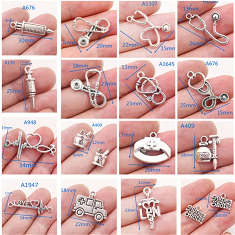 Popular Doctor & Nurse Supplies Metal Pendant, Nurse Cap Charm, Stethoscope Charm, Syringe Charm, Electrocardiogram Charm,