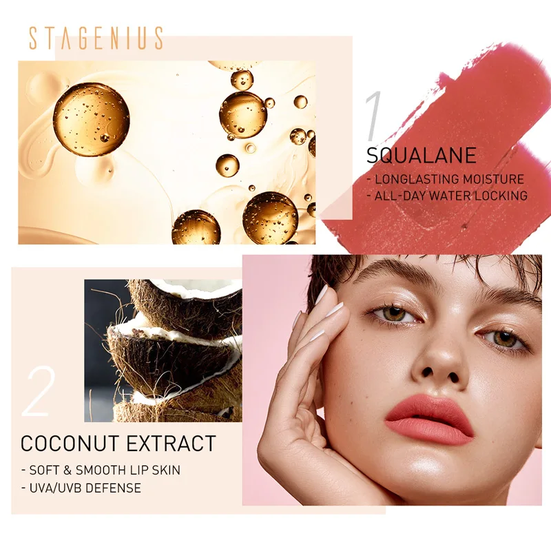 STAGENIUS-lápiz labial mate Soul, crema de labios supersuave, NO SECA, 6 colores populares, cosméticos para labios, tamaño de viaje