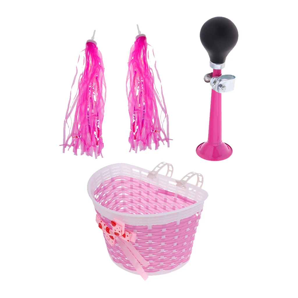 Girls Boys  Air Hooter Bell + Bowknot Front Basket + Handlebar Bar End Streamer Set, Kids Scooter Deco