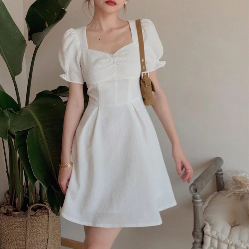 

Korean Office Lady 2021 Summer Square Collar Elegant Mini Dress Women Puff Sleeve V-neck Sexy Dress Kawaii Party Dress