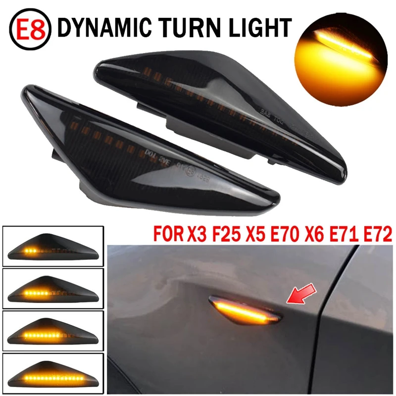 New2Pcs Smoked Car Dynamic LED Side Marker Light Turn Signal Light For-BMW X3 F25 X5 E70 X6 E71 E72 2008-2014