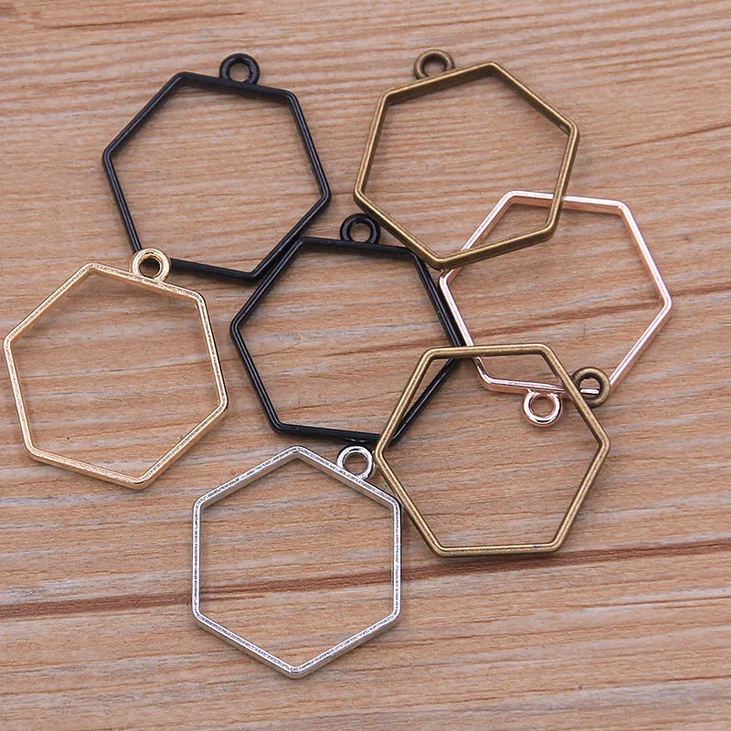 10Pcs 2021 New Product 27*28mm 5 Color Alloy Jewelry Accessories Hexagon Drop Charm Hollow Glue Blank Pendant Tray Bezel