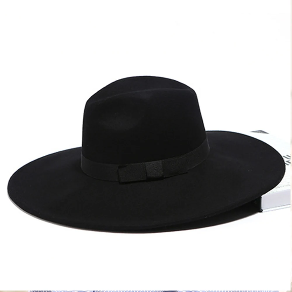 Wide Brim Warm Winter Hat for Women Ribbon bowknot wool Fedra Hat Classical Crushable Jazz Hat Church Party Derby Panama Hat