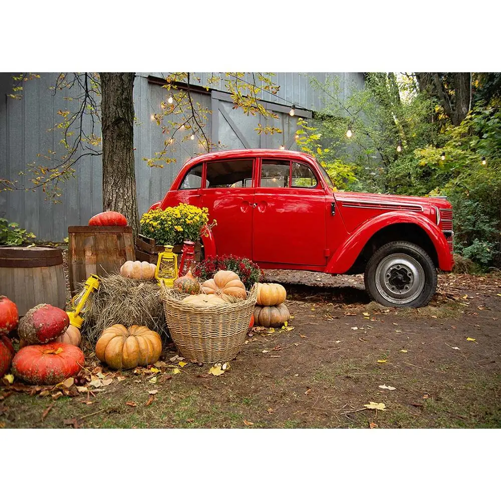 Red Car Pumpkins Basket Leaves Photo Backgrounds Custom Photography Backdrop for Children Baby Home Halloween Party Photophone