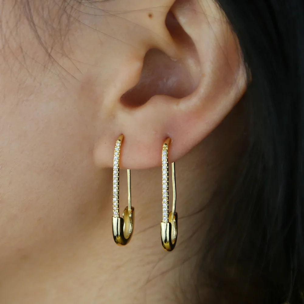 New Fashion Party Punk Personality Gold Color Safety Pin Puncture Hoop Earrings For Elegant Women Lady Delicate Tiny Jewelry