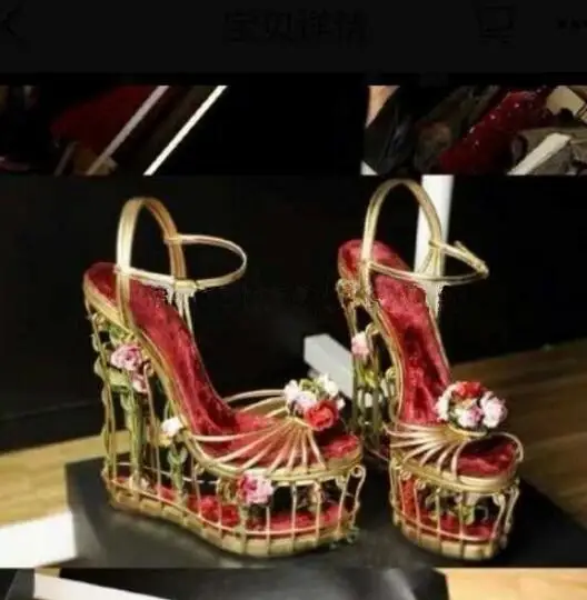 Woman Gold 3D Flower Embellished Cut-outs Bird Cage Wedges Sandals Female Thick Platform Strange Fretwork Heels Runway Shoes