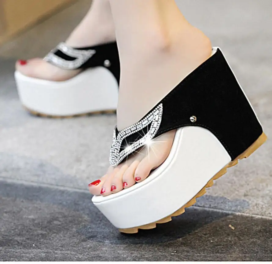 

Sexy Women Sandals Rhinestone Summer Shake Thick Bottom Women's Sandals Cake Lace Sandals Wedges Beach Students Black Shoes