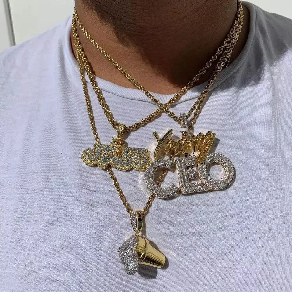 2024 Hip Hop Iced Out Bling 5A Geometry Cubic Zirconia Big Young CEO Charm Pendant Necklace For Fashion Men Tennis Chain Jewelry