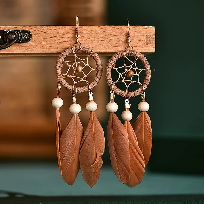 2020 Bohemia Women Natural Wood Coffee Feather Tassel Earrings Summer Indian Jewelry Tibetan Dream Catcher Drop Dangle Earrings