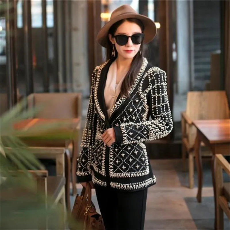 Women New Black Pearl Blazer Jacket Nightclub Costume Female Guest Ds Singer Dj Performance Party Celebration High Quality