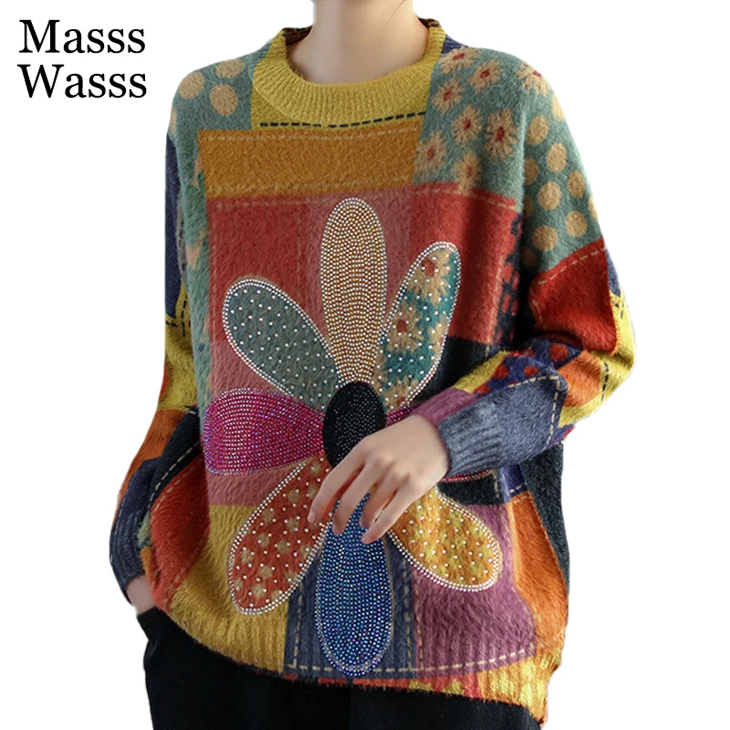 Masss Wasss Spring Korean Fashion Jumpers Womens Casual Kintted Pullovers Ladies Vintage Floral Loose Pullovers Elegant Clothes