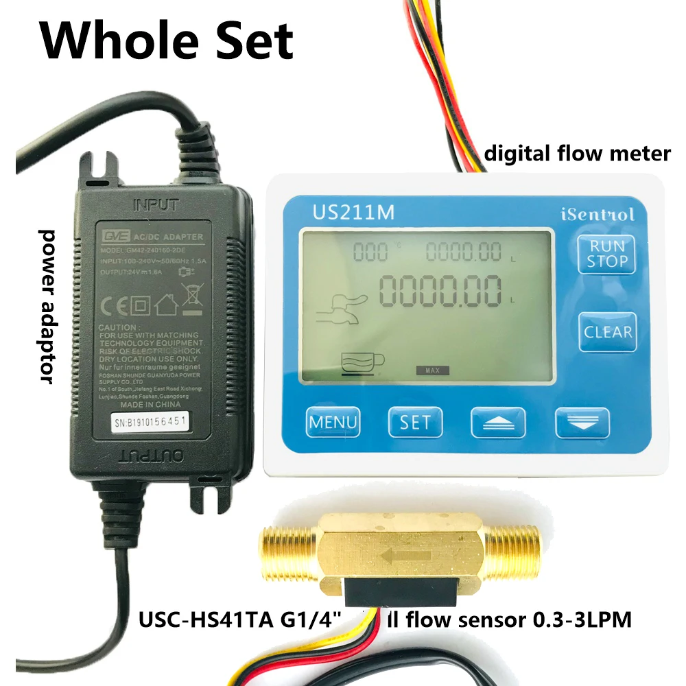 

US211M Digital Flow meter Display with USC-HS41TA Brass Flow Meter Totalizer Flow Measurement 0.35-3L/min Range G1/4" thread