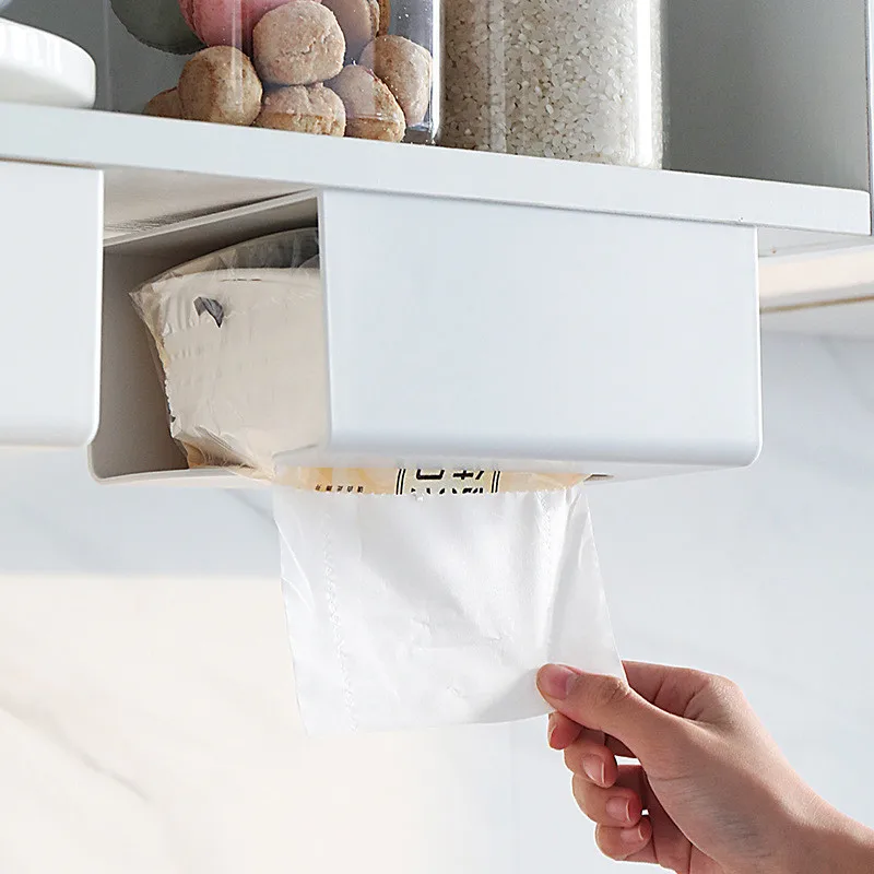 Kitchen Self-Adhesive Paper Tray Wall-Mounted Paper Towel Rack Simple Toilet Tissue Box Roll Paper Toilet Paper Holder Shelf