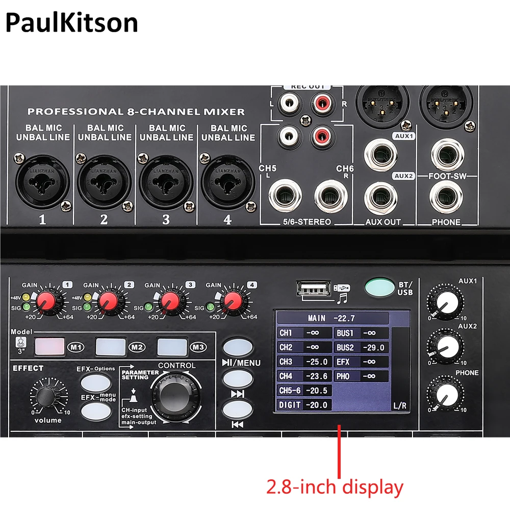 Беспроводной 8-канальный цифровой микшер, портативный микшерный пульт, Bluetooth, USB-интерфейс, вход для MP3-компьютера, фантомное питание 48 В