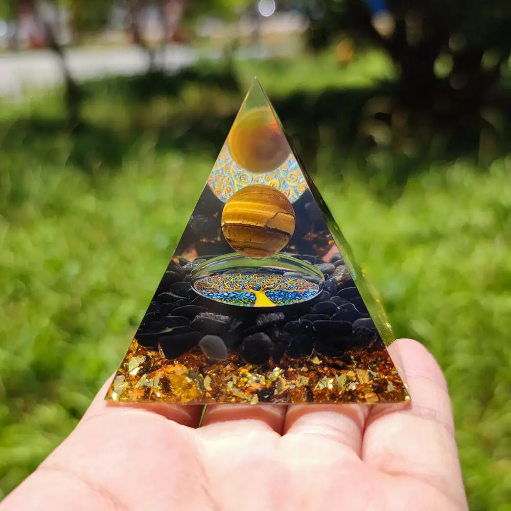 Handmade 60mm Orgone Pyramid Tiger Eye Crystal Sphere Obsidian Quartz Reiki Healing Chakra Meditation Orgonite Ornaments