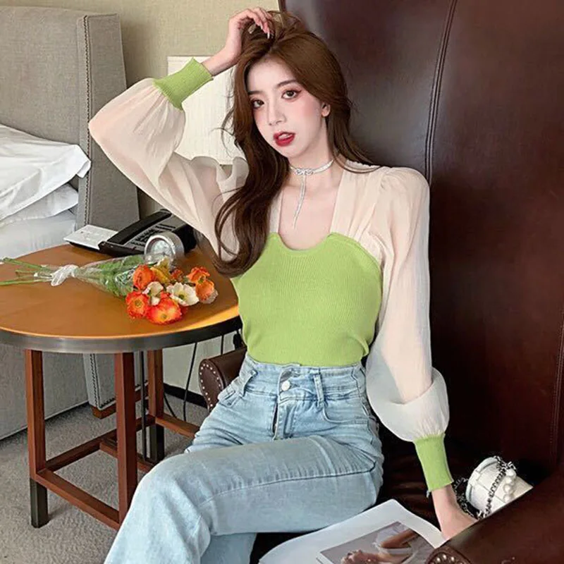 Lucyever Fashion Patchwork Knitted Blouses Women Korean Chic See Through Sleeve Shirts Female Elegant Slim Streetwear Blouse Top