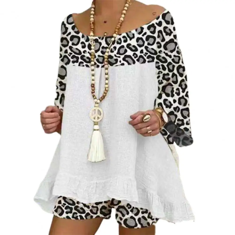 New Summer Casual Women Outfit 3/4 Sleeve Leopard Patchwork O Neck Loose T-shirt Shorts for Daily Life