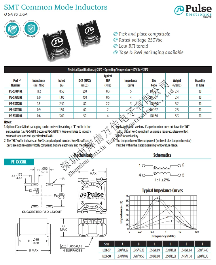 Original new 100% PE-53912NL SMD 1.8MH 2.5A common mode inductive filter switching power supply choke