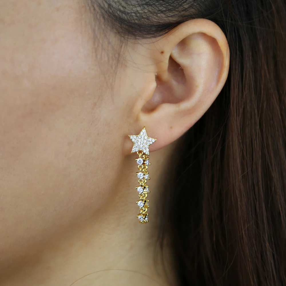 New Arrive Bling CZ Paved With Tassel Chain Star Shaped Multi Piercing Double Sided Fashion Gold Plated Earring For Women