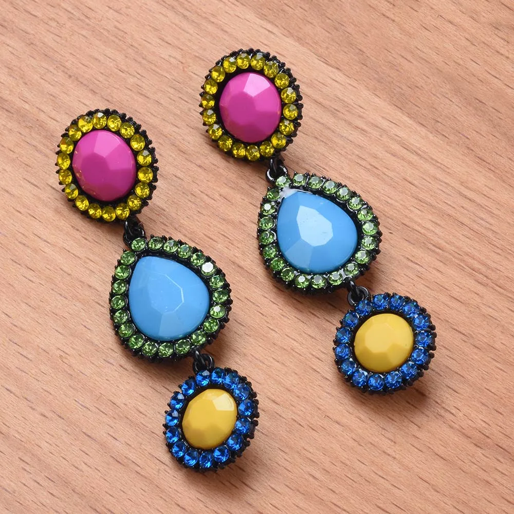 2026 جديد ملون كريستال أكريليك قطرة الماء المستديرة الأقراط الطويلة النساء بوهو العرقية هندسية بيان استرخى أقراط مجوهرات #5