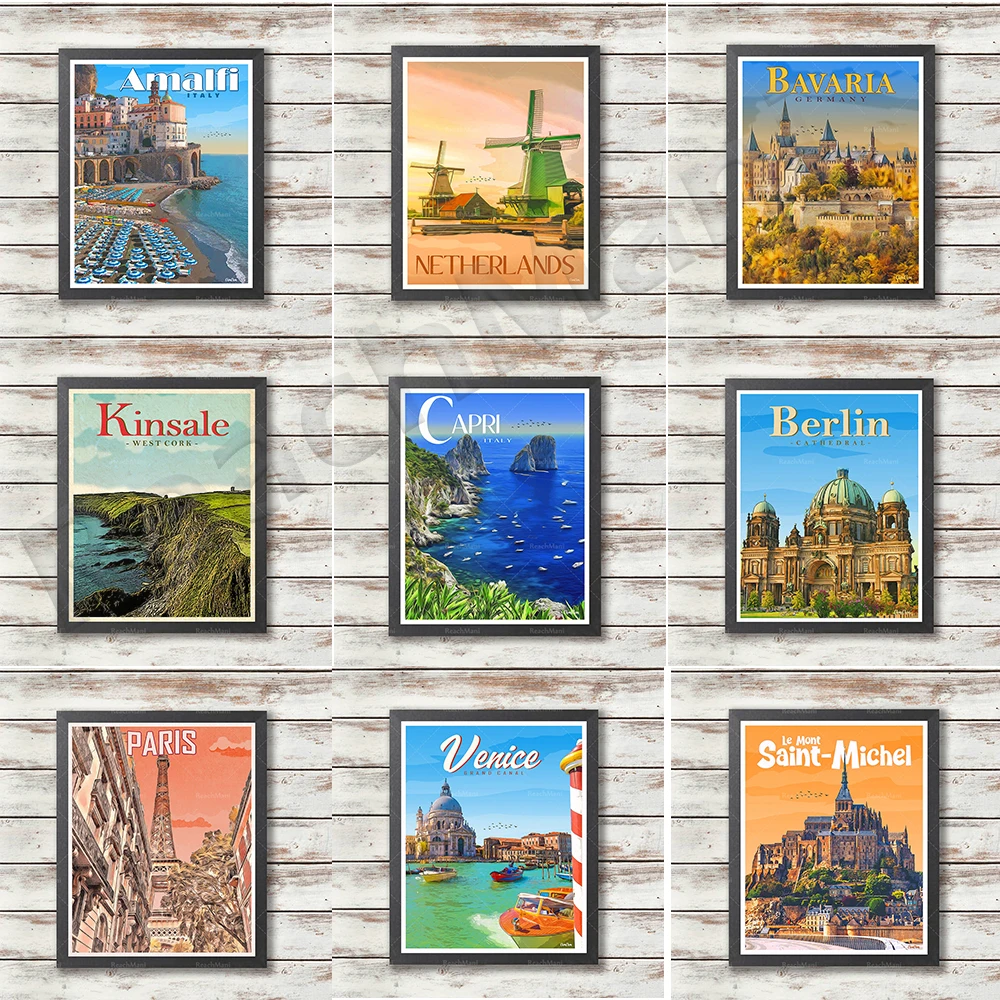 Carteles turísticos en París, Francia, Capri, Holanda, Baviera, Mont Saint-Michel, España, Sagrada Familia, Berlín, Alemania, Dublín, I