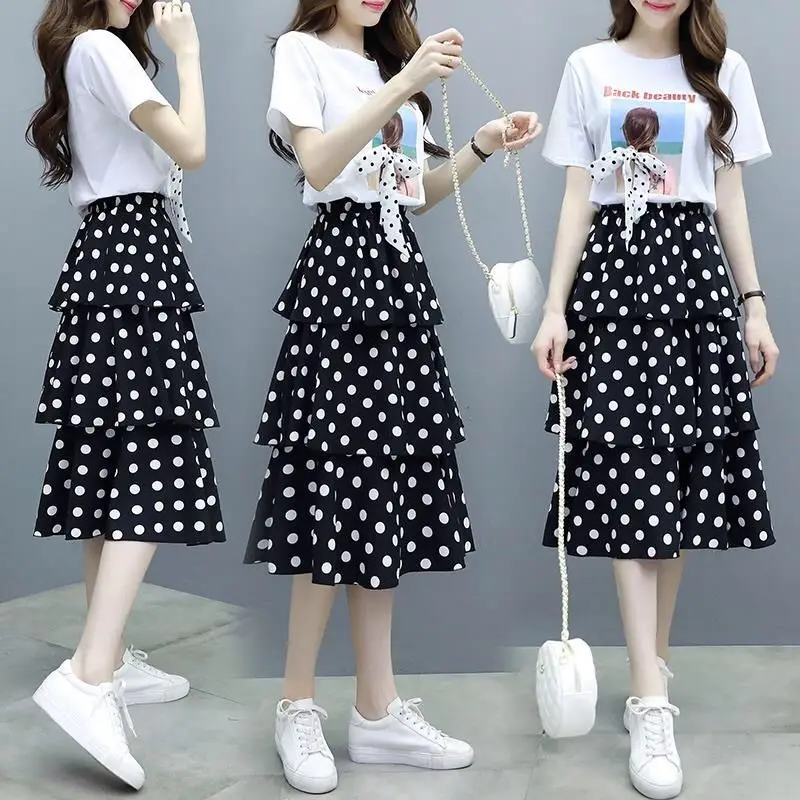 Summer Big Size Slim T-shirt Skirts Set for Women 2021 New Girl Student Sweet Print Polka Dot Dress Fashion Ribbon Bow-knot Tops