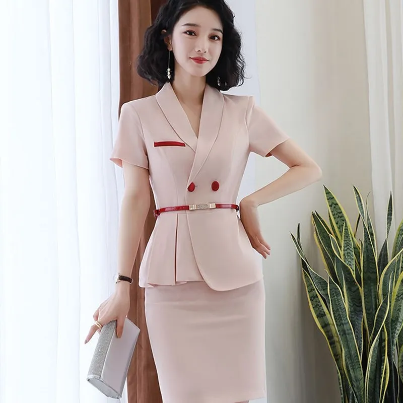 IZICFLY-2-Piece Fato de negócios para mulheres, uniforme rosa para senhora, elegante conjunto blazer, saia de trabalho com cinto, novo estilo, verão