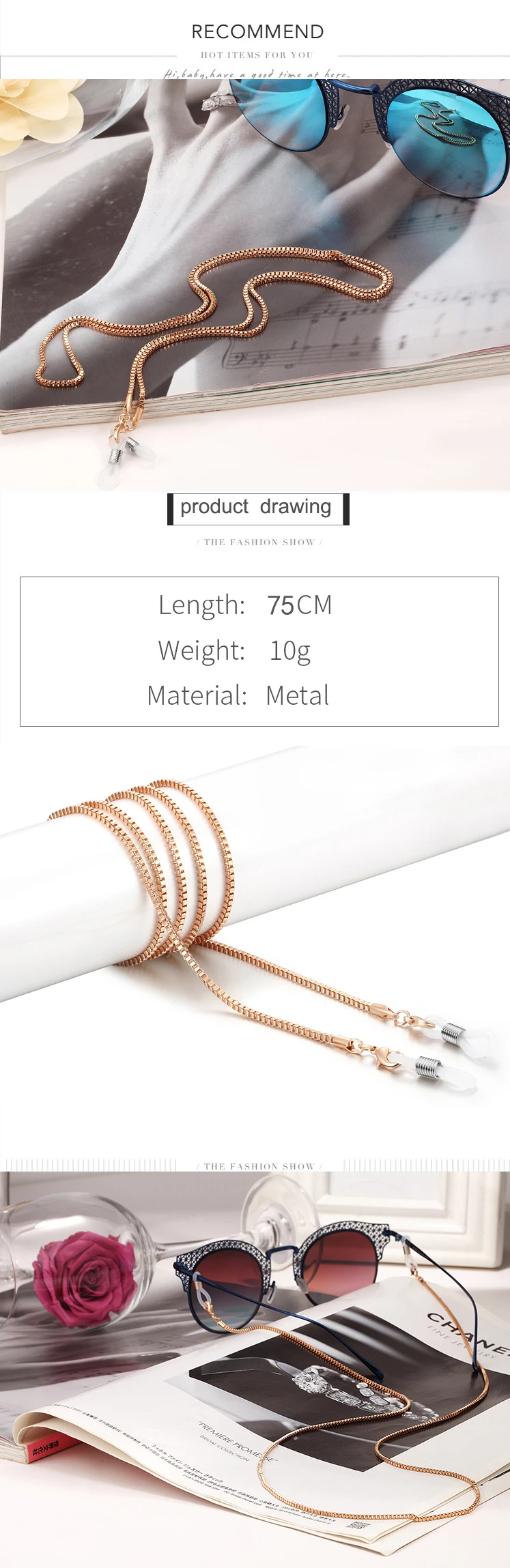 Hübsche Metall-Brillenkette für Brillen und Sonnenbrillen, Brillenband, 4 verschiedene Farben – Detail 1