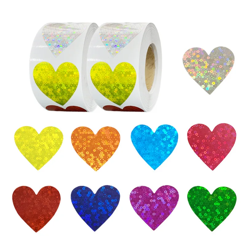 1.5inch Valentines Colorful Glitter Stickers 500pcs Heart Decorative Labels Valentine's Day Love Decoration For Wedding Party