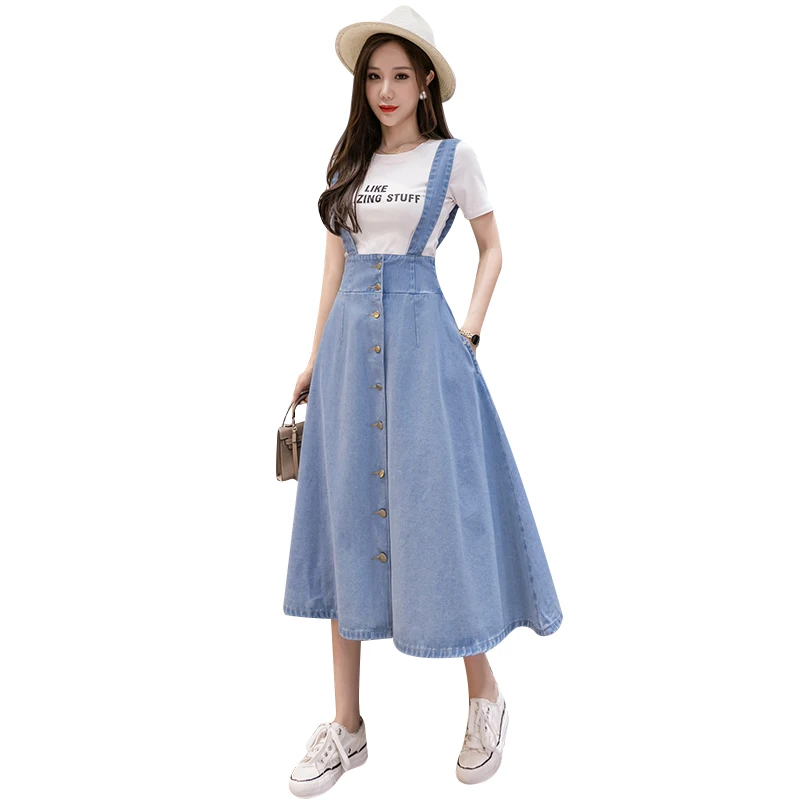 Denim Strap Dresses Female 2023 Spring Summer Single-Breasted High Waist Dress Lady Slim Mid-Length Suspender Dresses Women