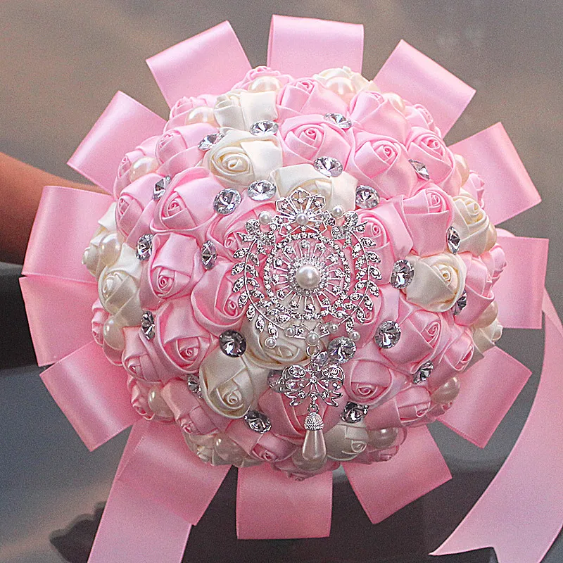 

Satin Ribbon Wedding Bridal Bouquets Diamond Pearls Artificial Flower Rhinestones Sweet 15 Quinceanera Bouquets W1726