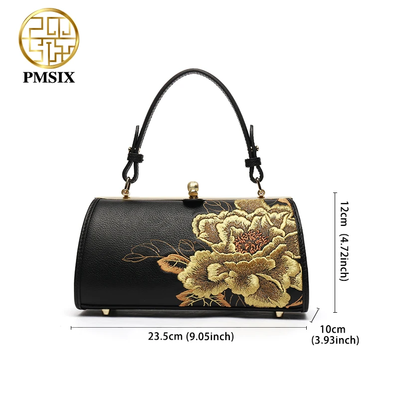 PMSIX Women Genuine Leather Handbag Fashionable Embroidery Real Leather Shoulder Bag Classical Tote Crossbody Bag 2020