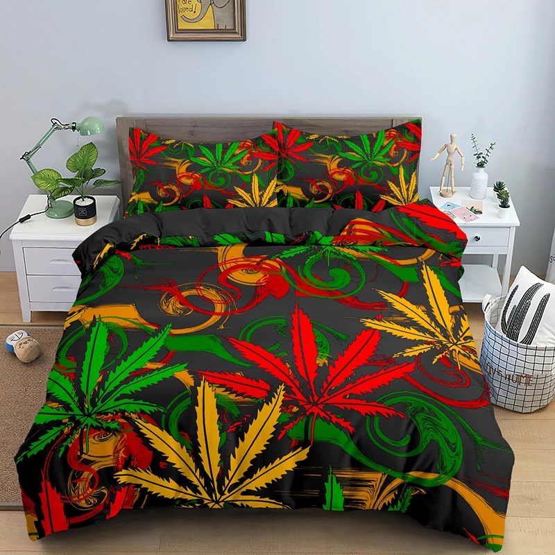 Psychedelic Weed Leaves Bedding Sets Single Double Queen King Size Quilt Duvet Cover Set With Pillowcase 2/3 PCS Bedclothes