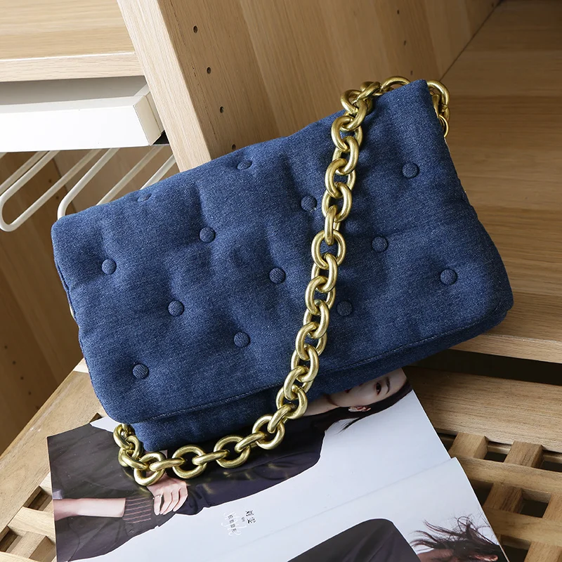 Vintag Denim Shoulder Bag Women New Thick Metal Chain Handbag Fashion Female Armpit Bag Denim Crossbody Bag bolso