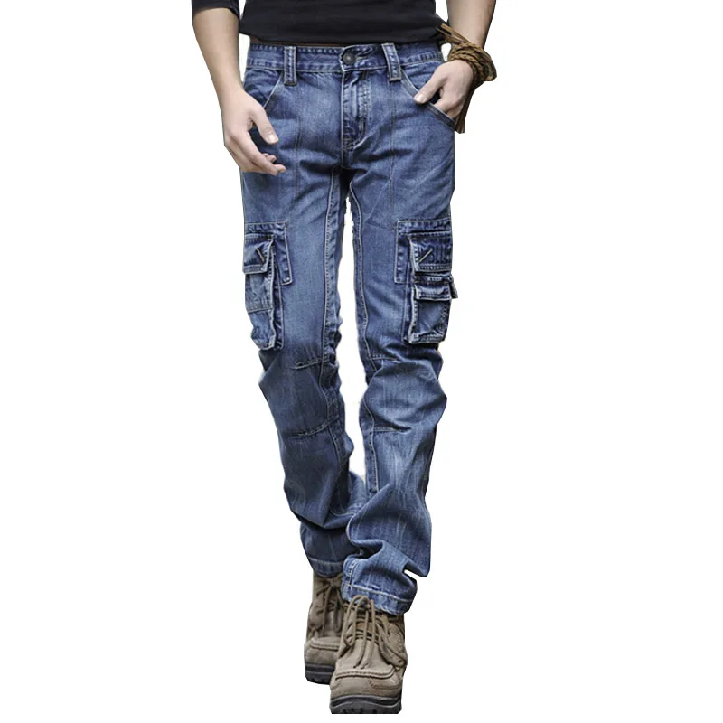 Mcikkny Men Cargo Outdoor Jean Pants Multi Pockets Slim Straight Denim Trousers For Male Straight Washed