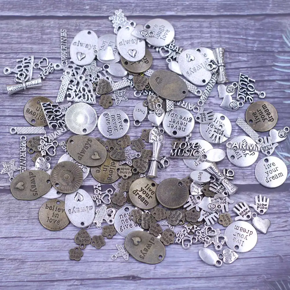 

200PCS Mixed Pendants Alphabet Letter Heart Palm Flower Star Round For Charm Bracelets Handmade Jewelry DIY Findings