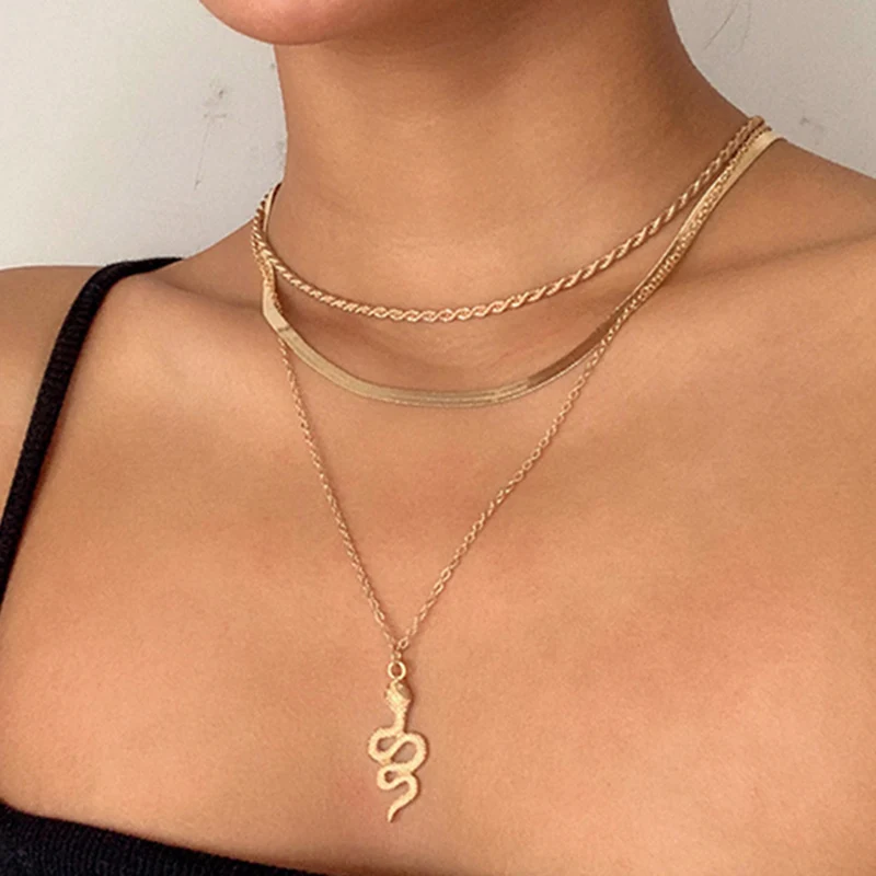 Multilevel Elegant Gold Snake Pendant Jewelry For Women Fashion Wedding Geometric Twist Chain Choker Necklaces N0277