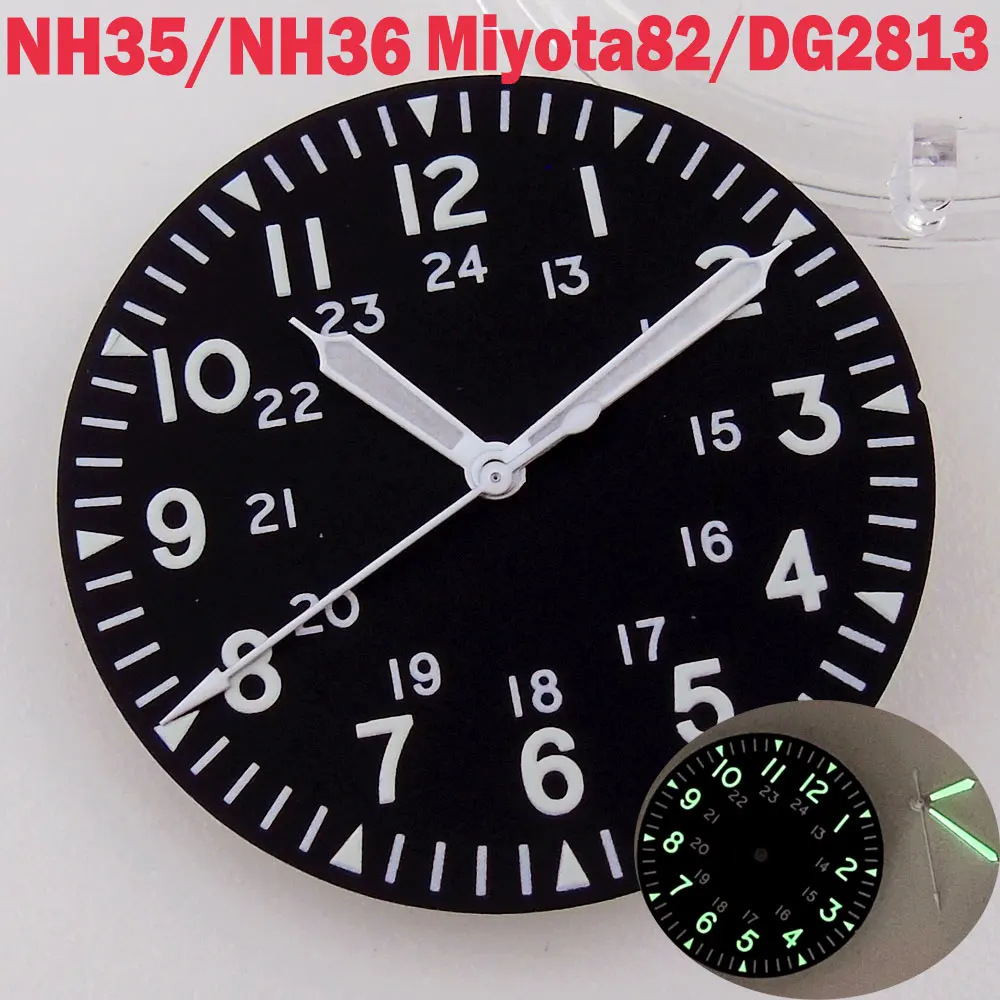 33.6mm Black Watch Dial+Hands Fit NH35 NH36 Miyota8215 821A 8205 DG2813 ETA2824 2836 PT5000 ST2130 Green Lume Arabic Numerals