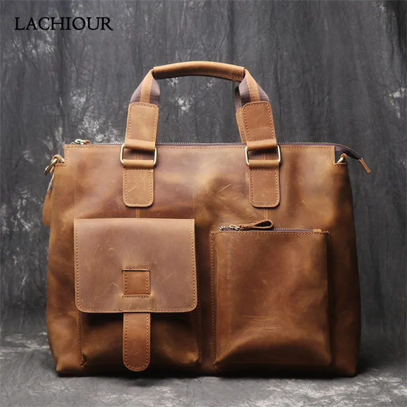 Lachiour bolsa de couro crazy horse, masculina viagem 15.6 polegadas bolsa de laptop masculina vintage a4 documentos bolsa de ombro maleta de marca