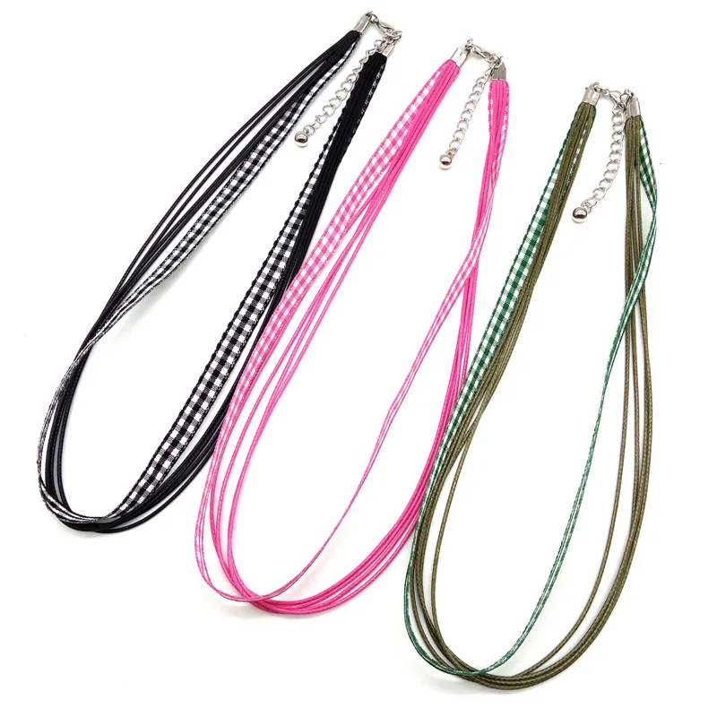 3pcs Fashion Plaid Ribbon Leather Handmade Adjustable Braided Rope Necklaces & Pendant Charms Findings Lobster Clasp String Cord