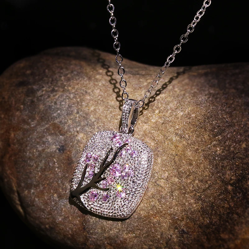 Fine Jewelry red zircon Leaves branch Pendant For Women branch Sparkling Pink Cherry Tree CZ Delicate Fashion