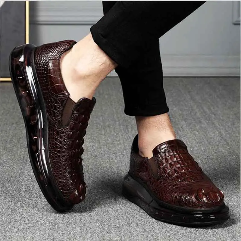 Sipriks Luxury Dark Brown Crocodile Skin Casual Shoes For Man Fashion Men\'s Alligator Leather Sneakers Slip On Loafers 44 Flats